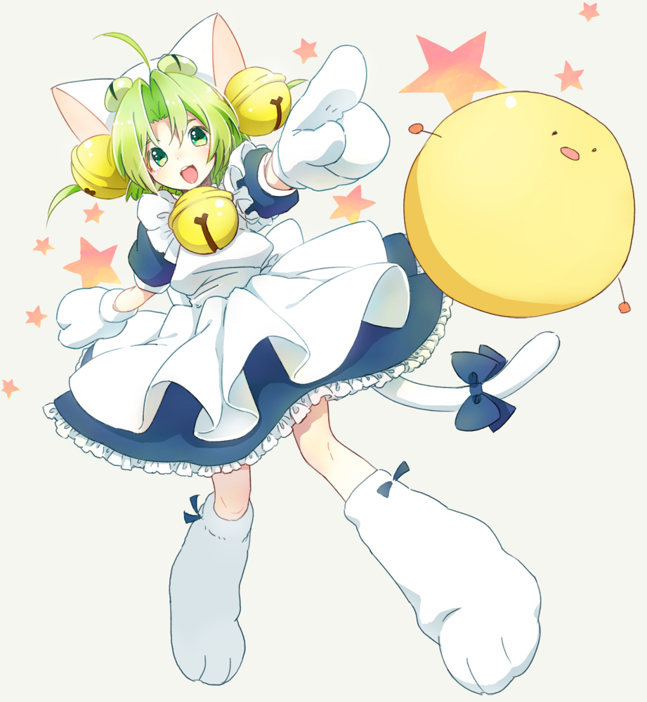1girl :d animal_ears animal_hat apron bell bow cako_asida cat_hat cat_tail dejiko di_gi_charat dress gema gloves green_eyes green_hair hair_ornament hat jingle_bell maid_apron matching_hair/eyes open_mouth paw_gloves paw_shoes pointing ribbon shoes short_hair simple_background smile solo star tail tail_bow tail_ribbon