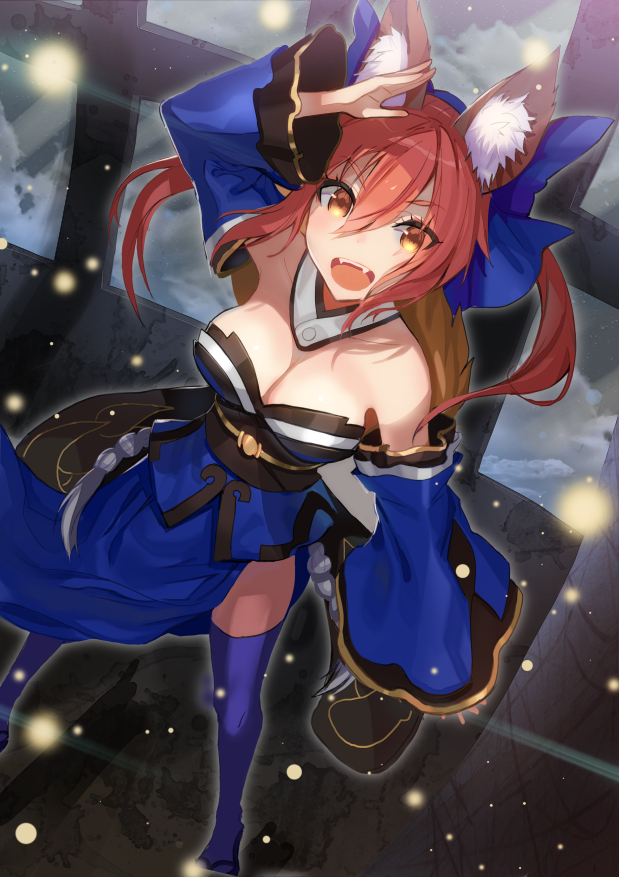 &gt;:d 1girl :d animal_ears arm_up bangs bare_shoulders blue_dress blue_legwear blue_ribbon breasts brown_eyes cleavage detached_collar detached_sleeves dress dutch_angle fangs fate/grand_order fate_(series) fox_ears fox_girl fox_tail hair_between_eyes hair_ribbon large_breasts legs_apart light_particles lloule long_hair long_sleeves looking_at_viewer open_mouth redhead ribbon sandals smile solo tail tamamo_(fate)_(all) tamamo_no_mae_(fate) teeth thigh-highs wide_sleeves