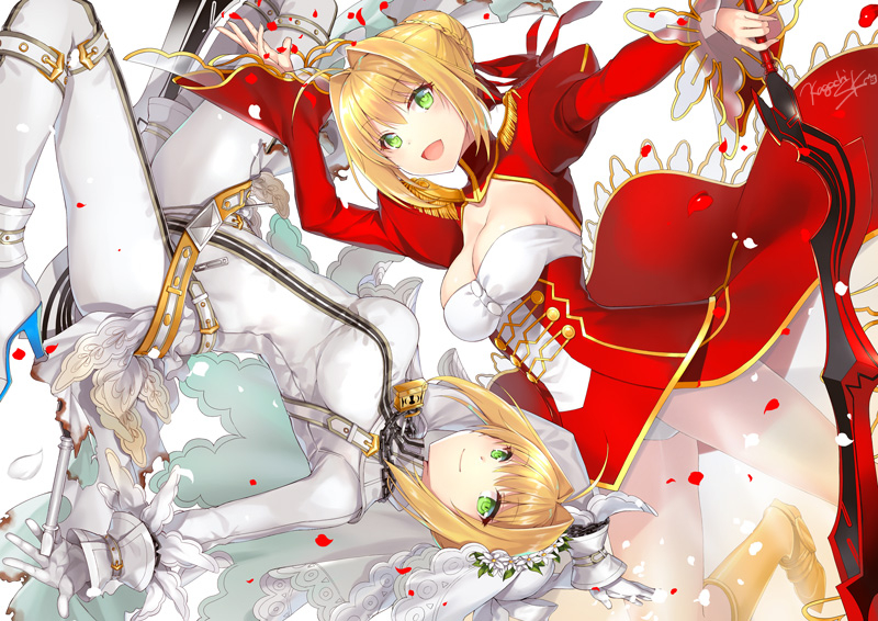 2girls aestus_estus arm_up artist_name bangs belt blonde_hair bodysuit boots braid breasts bridal_veil center_opening chains cleavage detached_sleeves dress epaulettes fate/grand_order fate_(series) french_braid frilled_sleeves frills from_above gloves green_eyes hair_between_eyes hair_bun high_heel_boots high_heels holding holding_sword holding_weapon lace lace-trimmed_dress large_breasts leotard lock long_dress long_sleeves looking_at_viewer multiple_girls open_mouth padlock petals puffy_long_sleeves puffy_sleeves red_dress rotational_symmetry saber_bride saber_extra sakuyosi short_hair_with_long_locks showgirl_skirt signature simple_background smile sword thighs veil weapon white_background white_gloves white_leotard zipper