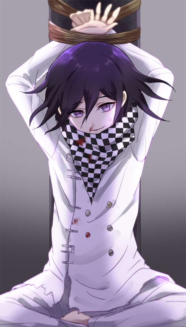 1boy arms_up barefoot blood bloody_clothes bound bound_wrists bruise_on_face checkered checkered_scarf dangan_ronpa double-breasted indian_style looking_at_viewer male_focus new_dangan_ronpa_v3 nosebleed ouma_kokichi pole purple_hair rope scarf sitting smile torn_clothes utou_(utousan) violet_eyes