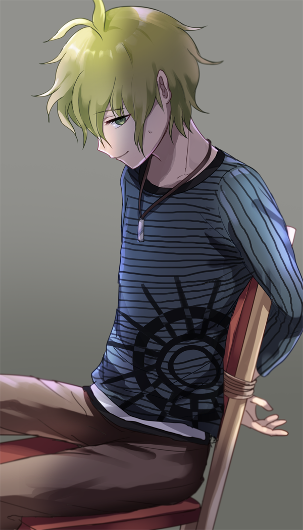 1boy amami_rantarou arms_behind_back bound bound_arms chair dangan_ronpa denim green_hair grey_background jeans jewelry looking_at_viewer male_focus necklace new_dangan_ronpa_v3 pants rope shirt simple_background sitting solo striped striped_shirt utou_(utousan) wooden_chair