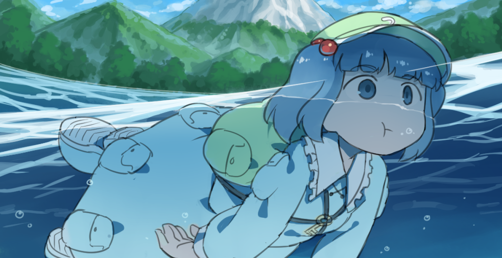 1girl backpack bag bangs blue_boots blue_eyes blue_hair blue_sky blunt_bangs boots bubble clouds cloudy_sky dress dress_shirt forest hair_bobbles hair_ornament hat holding_breath kawashiro_nitori key long_sleeves monosenbei mountain nature partially_submerged pocket rubber_boots shirt short_hair skirt skirt_set sky solo swimming touhou two_side_up underwater water wet wet_clothes