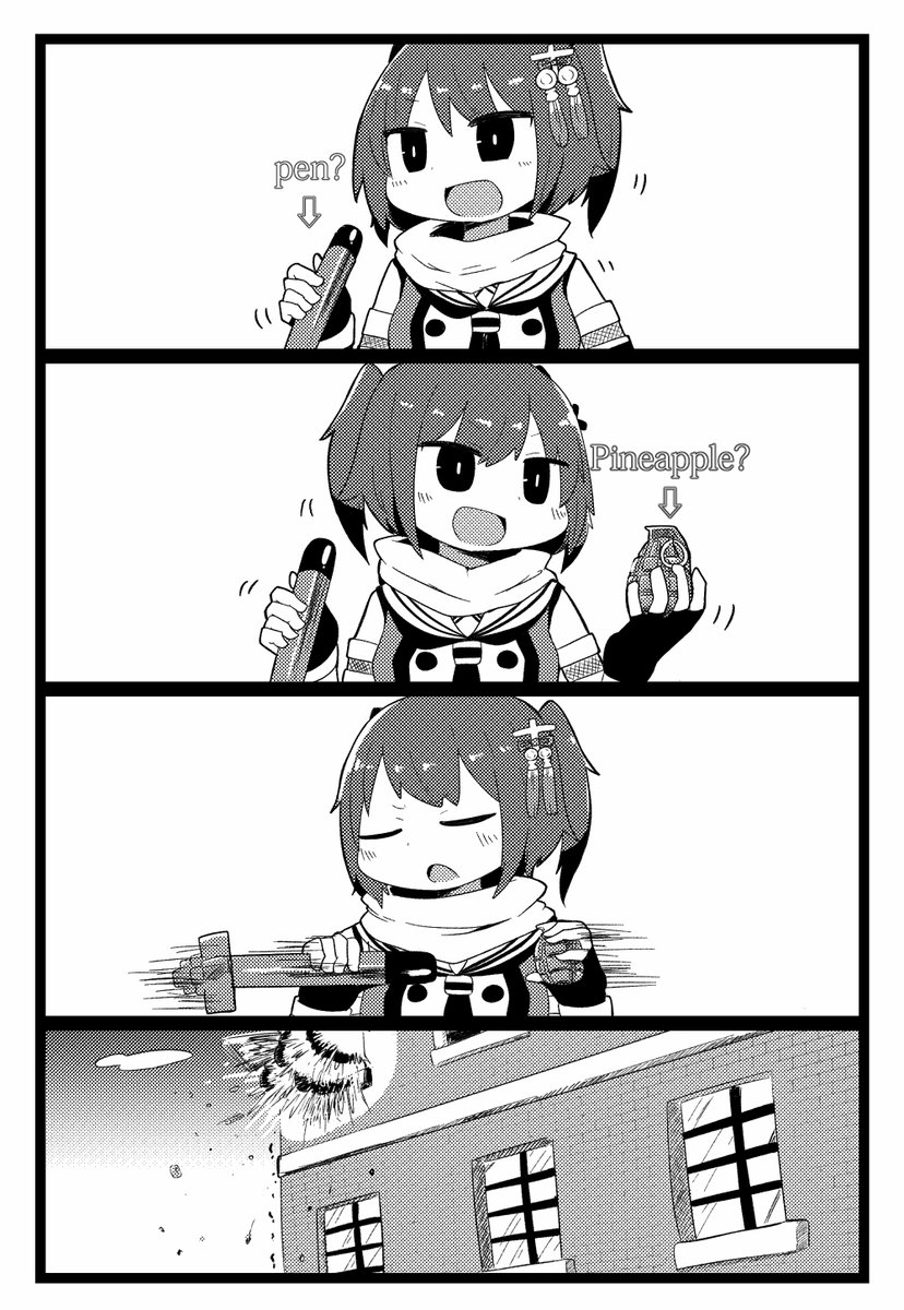 1girl 4koma artist_request comic explosion explosive female grenade highres indoors kantai_collection monochrome outdoors parody pen-pineapple-apple-pen sendai_(kantai_collection) sky solo tagme torpedo upper_body white_background