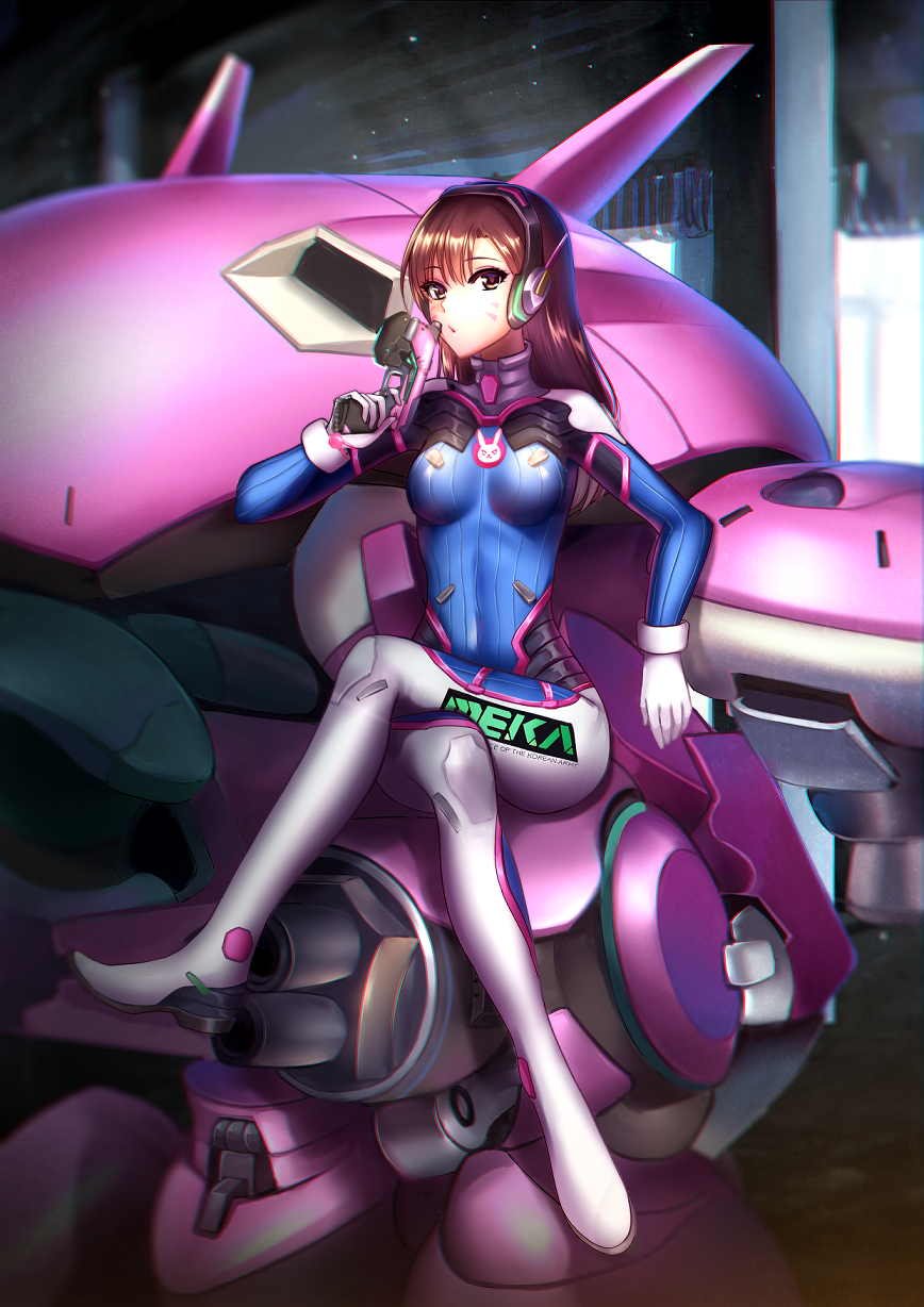 1girl acronym arm_cannon bangs bodysuit boots bracer breasts breasts_apart brown_eyes brown_hair character_name charm_(object) chestnut_mouth clothes_writing covered_navel d.va_(overwatch) eyebrows eyebrows_visible_through_hair eyelashes facepaint facial_mark gatling_gun gloves gun hand_up handgun headphones highres holding holding_gun holding_weapon legs_crossed long_hair long_sleeves looking_at_viewer meaomao mecha medium_breasts meka_(overwatch) overwatch pauldrons pilot_suit ribbed_bodysuit shoulder_pads sitting skin_tight solo thigh-highs thigh_boots thigh_strap turtleneck weapon whisker_markings white_boots white_gloves