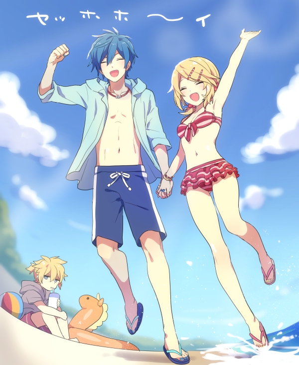 1girl 2boys ^_^ akiyoshi_(tama-pete) alternate_hairstyle arm_up armpits ball bangs bare_arms bare_legs beach beachball bikini bikini_skirt blonde_hair blue_sky blurry bracelet breasts chest cleavage clenched_hand closed_eyes clouds day depth_of_field drawstring drinking drinking_cup drinking_straw frills front-tie_bikini front-tie_top grey_jacket hair_between_eyes hair_bobbles hair_ornament hairclip hand_holding happy hood hooded_jacket innertube jacket jewelry jumping kagamine_len kagamine_rin kaito knees_up looking_at_viewer low_twintails male_swimwear multiple_boys navel necklace ocean on_ground open_clothes open_jacket outdoors ponytail red_bikini ring sand sandals short_hair short_sleeves short_twintails sitting sky sleeves_past_elbows small_breasts smile stomach striped striped_bikini summer swept_bangs swim_trunks swimsuit swimwear twintails vocaloid