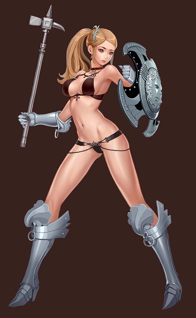 1girl armor armpits bare_shoulders bikini_armor blonde_hair breasts brown_eyes choker closed_mouth collarbone earrings fiona_(mabinogi) gauntlets greaves groin hair_ornament hammer highres holding holding_weapon jewelry knight long_hair looking_to_the_side mabinogi mabinogi_heroes navel ponytail preter shield sideboob small_breasts solo standing stomach weapon