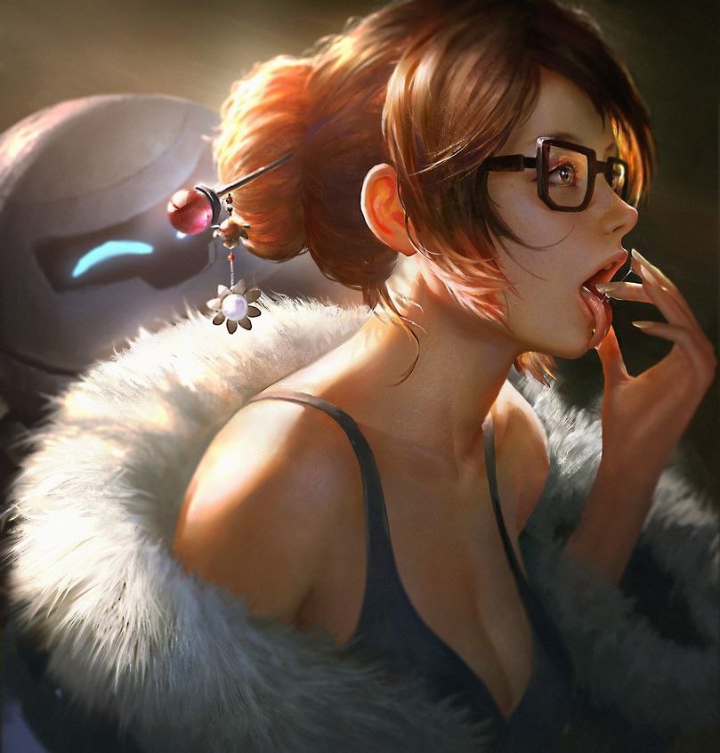 1girl artist_request bare_shoulders beads black-framed_eyewear breasts brown_eyes brown_hair cleavage coat collarbone drone fingernails floating from_side fur-lined_jacket fur_coat fur_trim glasses hair_bun hair_ornament hair_stick hand_to_own_mouth hand_up large_breasts long_fingernails machinery mei_(overwatch) off_shoulder open_mouth overwatch parka portrait realistic robot short_hair sidelocks snowball_(overwatch) snowflake_hair_ornament solo tank_top teeth tongue tongue_out upper_body winter_clothes winter_coat