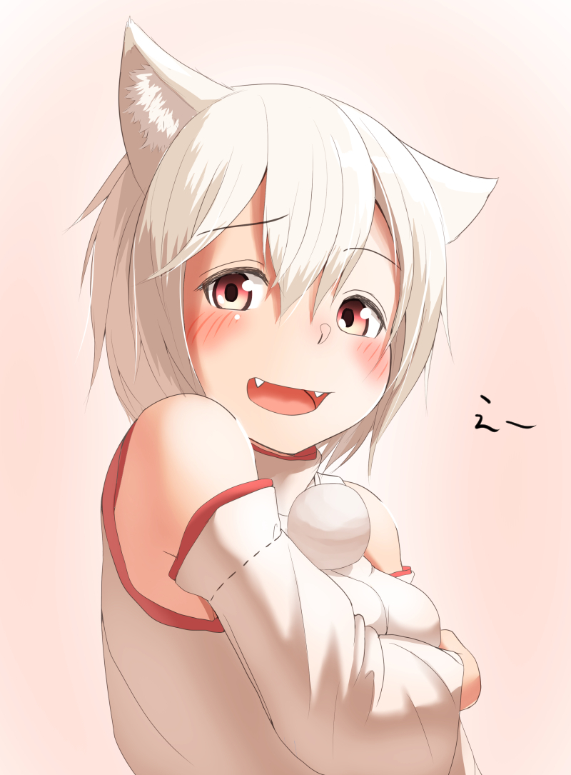 1girl :d animal_ears bare_shoulders blush detached_sleeves eyebrows eyebrows_visible_through_hair fangs inubashiri_momiji kyabe_tsuka looking_at_viewer no_headwear open_mouth pom_pom_(clothes) red_eyes short_hair smile solo touhou white_hair wolf_ears