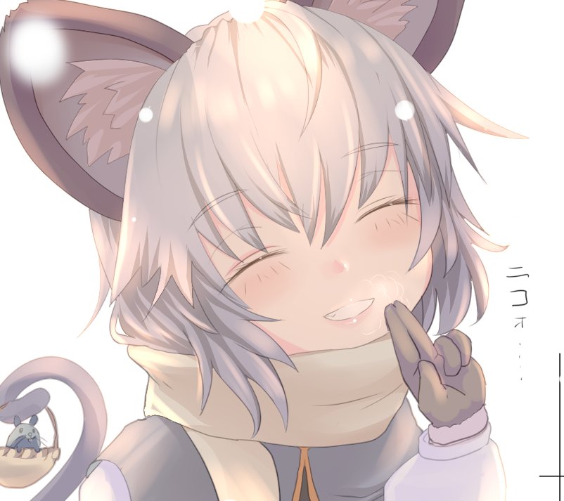 1girl animal_ears basket breath capelet closed_eyes dress face gloves grey_hair hand_up ishikkoro long_sleeves mouse mouse_ears mouse_tail nazrin open_mouth pink_lips scarf simple_background smile solo steam tail teeth touhou translated white_background
