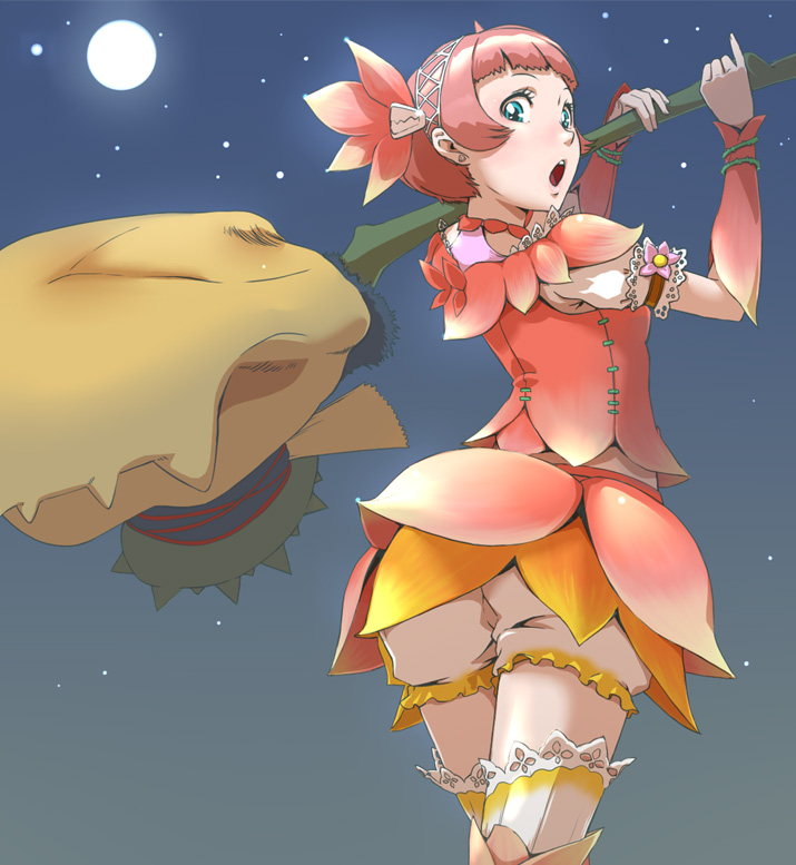 1girl :o armband armor bangs bloomers blue_eyes blunt_bangs capcom detached_sleeves earrings face flower frills from_behind full_moon hair_flower hair_ornament hairband huge_weapon jewelry lace lace-trimmed_thighhighs legs_crossed looking_back melahoa melahoa_(armor) monster_hunter moon night night_sky open_mouth outdoors pink_hair pinky_out redhead short_hair skirt sky solo standing star_(sky) starry_sky surprised thigh-highs toshi_punk underwear upskirt vines weapon wristband