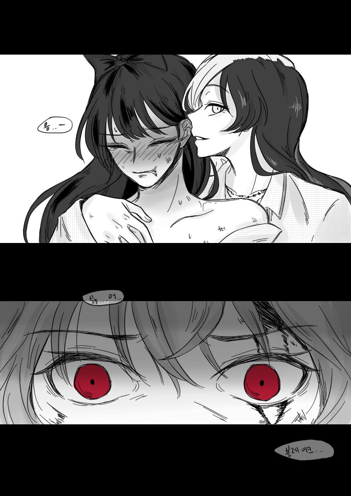 3girls _yahaee blake_belladonna blush bow closed_eyes comic female long_hair monochrome multiple_girls neo_(rwby) netorare red_eyes restrained rwby spot_color translation_request upper_body white_background yang_xiao_long yuri