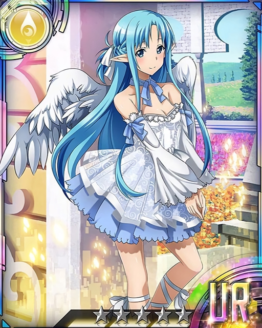 1girl asuna_(sao-alo) blue_eyes blue_hair blue_ribbon blue_skirt breasts card_(medium) cleavage detached_sleeves dress feathered_wings glasses hands_together long_hair looking_at_viewer neck_ribbon nwhtie_wings pointy_ears ribbon skirt smile solo star strapless strapless_dress sword_art_online white_dress white_ribbo white_wings wings