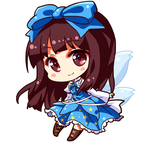 1girl arm_garter bangs blue_bow blue_dress blunt_bangs blush_stickers boots bow brown_boots brown_eyes brown_hair chibi collar cross-laced_footwear dress fairy_wings frilled_collar frills full_body hair_bow juliet_sleeves long_hair long_sleeves looking_at_viewer lowres puffy_sleeves renren_(ah_renren) simple_background smile solo star star_print star_sapphire touhou white_background wide_sleeves wings