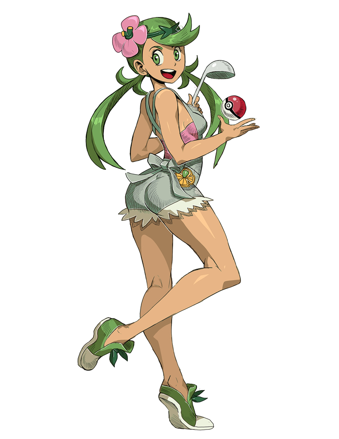 1girl ass bare_arms bare_legs blue_bow bow breasts dark_skin flower from_side full_body genzoman green_eyes green_hair green_shoes hair_flower hair_ornament ladle leg_up long_hair looking_at_viewer mallow_(pokemon) matching_hair/eyes open_mouth overalls pokemon pokemon_(game) pokemon_sm shoes sideboob skin_tight solo throwing_poke_ball tied_hair tiptoes twintails white_background