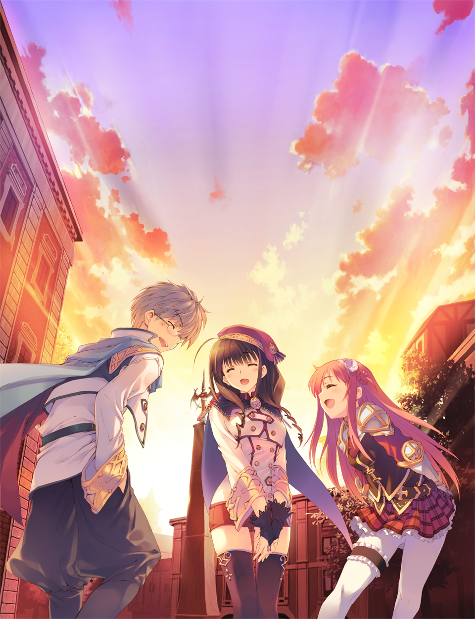 1girl 2girls alisia_heart aquaplus arms_behind_back black_hair bridal_gauntlets cape closed_eyes dungeon_travelers_2 dusk game_cg glasses greaves hairband hands_in_pockets hands_together hat highres leggings long_hair long_sleeves melvy_de_florencia mitsumi_misato multiple_girls official_art open_mouth outdoors pencil_skirt plaid plaid_skirt redhead rimless_glasses short_hair skirt sleeve_cuffs standing v-arms white_legwear