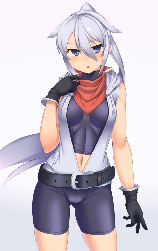 1girl belt bike_shorts black_gloves blue_eyes blush breasts commentary cowboy_shot gloves hand_on_own_chest long_hair looking_at_viewer myouan navel original parted_lips partially_unzipped ponytail purple_background scarf shirakami_itsuki sleeveless sleeveless_hoodie small_breasts solo very_long_hair white_hair