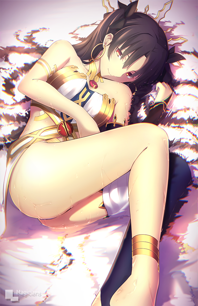 1girl anklet artist_name ass asymmetrical_legwear bangs bare_shoulders barefoot between_legs black_hair black_legwear black_ribbon breasts bridal_gauntlets closed_mouth earrings fate/grand_order fate_(series) fetal_position hair_ribbon hoop_earrings ishtar_(fate/grand_order) jewelry long_hair looking_at_viewer lying magicians_(zhkahogigzkh) medium_breasts neck_ring necklace partially_submerged pelvic_curtain red_eyes ribbon smile solo strapless toeless_legwear tohsaka_rin two_side_up water wet
