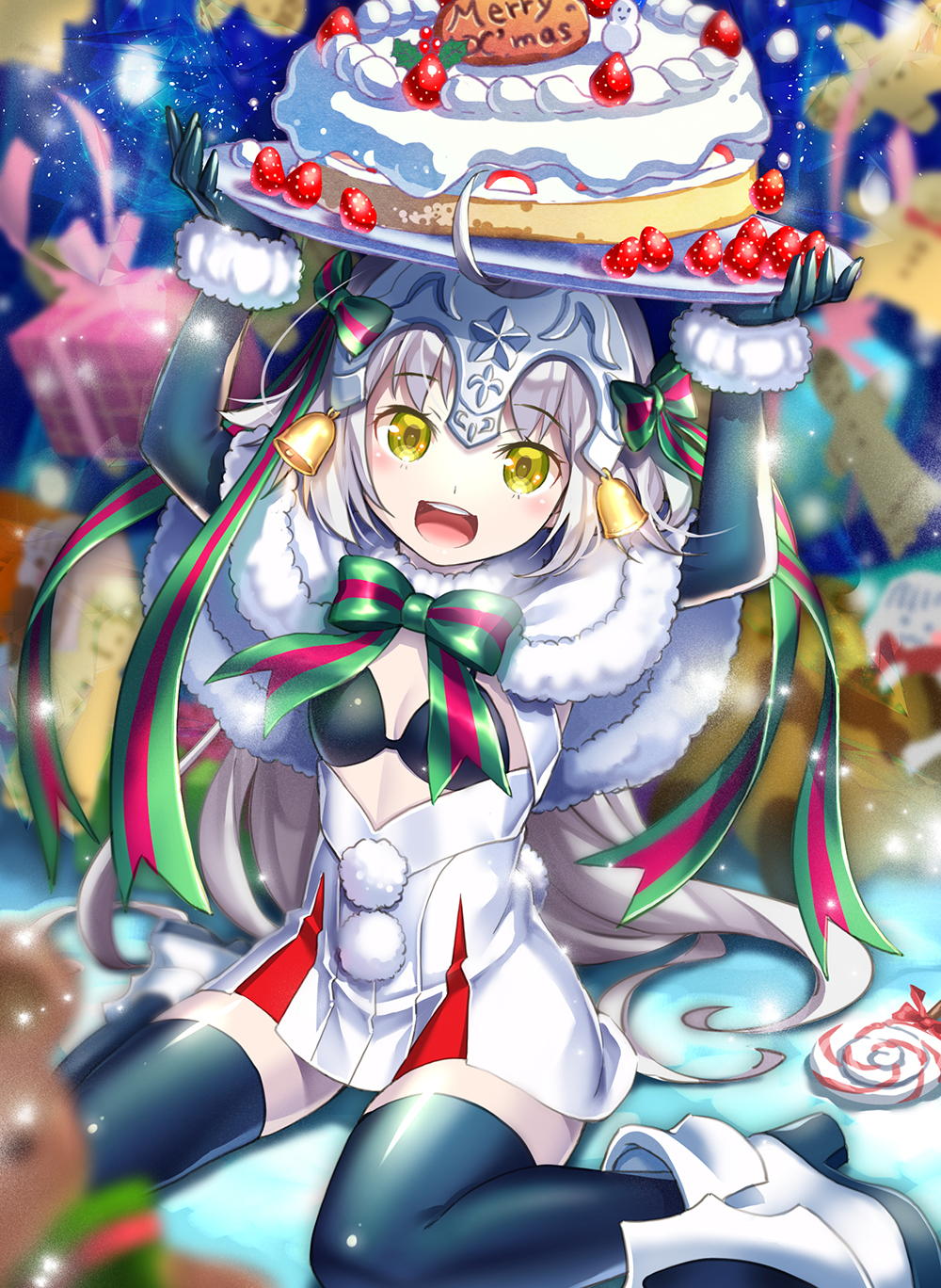 1girl :d bell black_bra black_gloves black_legwear blurry blush boots bra breasts cake candy capelet cleavage depth_of_field dress elbow_gloves eyebrows_visible_through_hair fate/grand_order fate_(series) food fruit fur_trim gift gingerbread_man gloves green_ribbon headpiece high_heel_boots high_heels highres holding holding_food jeanne_alter jeanne_alter_(santa_lily)_(fate) lollipop long_hair merry_christmas open_mouth red_ribbon ribbon ruler_(fate/apocrypha) short_dress silver_hair sitting small_breasts smile snow snowman solo strawberry striped striped_ribbon suishougensou teeth thigh-highs tray underwear wariza white_dress yellow_eyes