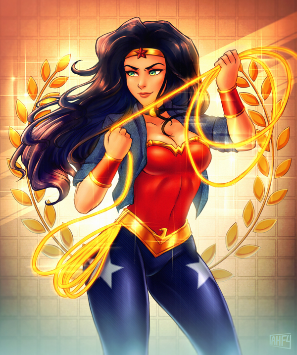 1girl artist_name belt black_hair bracelet breasts choker cleavage dc_comics green_eyes iahfy jacket jewelry lasso long_hair signature solo star superhero tiara wonder_woman wonder_woman_(series)