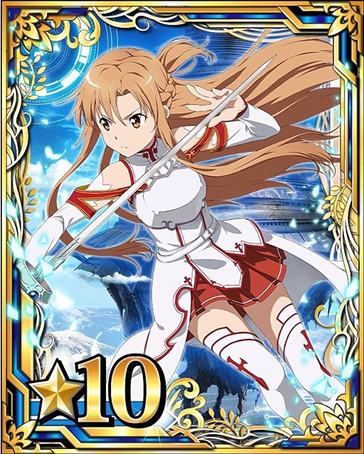 1girl asuna_(sao) breastplate brown_eyes brown_hair card_(medium) detached_sleeves holding holding_sword holding_weapon long_hair number pleated_skirt red_skirt skirt solo star sword sword_art_online thigh-highs weapon white_legwear