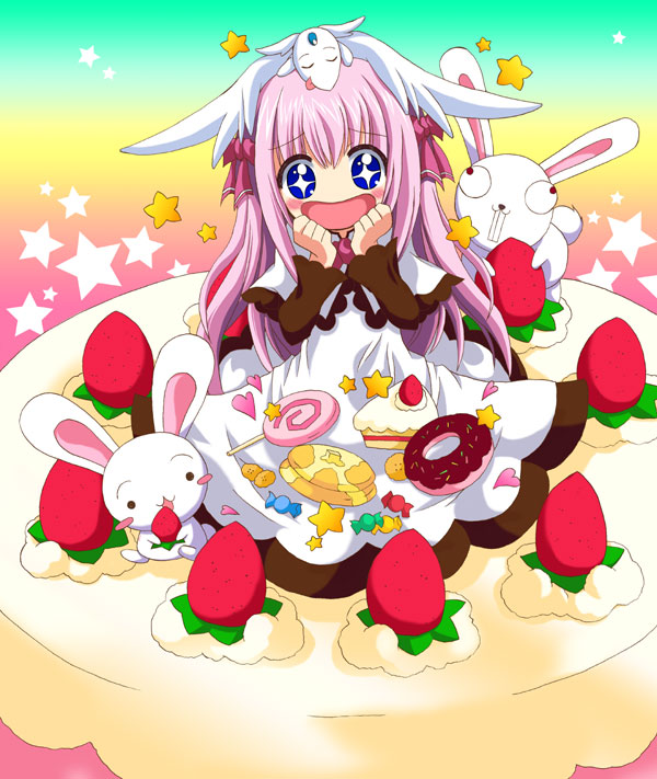 +_+ 1girl blush_stickers cake candy doughnut dress food fruit in_food lollipop long_hair oversized_object pancake pastry pink_hair rabbit rainbow_background skirt_basket star strawberry strawberry_shortcake swirl_lollipop tsukamoto_tsukasa