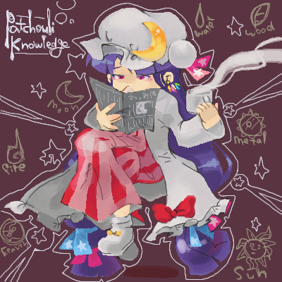 1girl book character_name crescent cup female full_body hat holding holding_book long_hair long_sleeves lowres mob_cap open_book patchouli_knowledge purple_hair reading red_eyes sitting socks solo sonoreto steam tea teacup touhou very_long_hair white_legwear