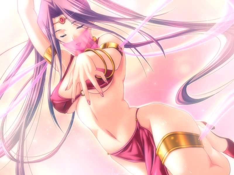 1girl alternate_costume alternate_hairstyle arabian_clothes arm_ribbon arm_up armlet armpits ayame_neuendorf bangle bikini bracelet breasts breasts_apart circlet closed_eyes dancer dancing dungeon_crusaderz dutch_angle erect_nipples fingernails floating_hair flying_sweatdrops foreshortening game_cg gem gradient gradient_background hair_down high_heels jewelry large_breasts leg_lift lipstick loincloth long_fingernails long_hair lots_of_jewelry m&amp;m makeup midriff nail_polish navel neck_ring o-ring_bikini o-ring_top outline outstretched_arm pink_bikini pink_nails purple_hair ribbon see-through shoes skindentation slave smile solo sparkle standing standing_on_one_leg sweat swimsuit thighlet under_boob veil very_long_hair