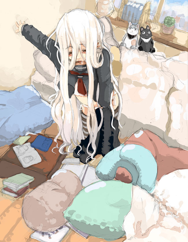 1girl bad_id bed book_stack cactus cat drooling indoors lefty10 long_hair messy_hair pillow saliva school_uniform serafuku sleepy solo striped striped_legwear stuffed_animal stuffed_toy thigh-highs white_hair window