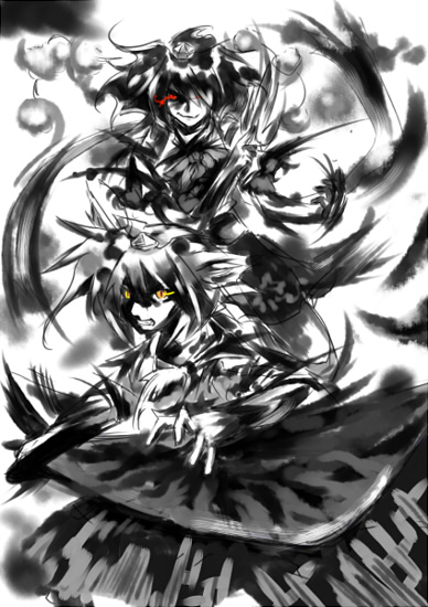 2girls female inubashiri_momiji light_trail monochrome multiple_girls red_eyes ryuusuitei sakana_(ryuusui-tei) shameimaru_aya spot_color touhou yellow_eyes