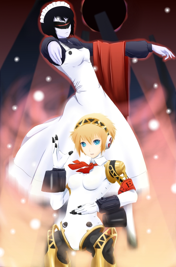 2girls aegis aegis_(persona) android atlus bad_id blonde_hair blue_eyes blue_skin devil_summoner humanoid_robot maid mary_(soul_hackers) megami_tensei multiple_girls nanahime_(aoi) persona persona_3 robot robot_girl shin_megami_tensei soul_hackers