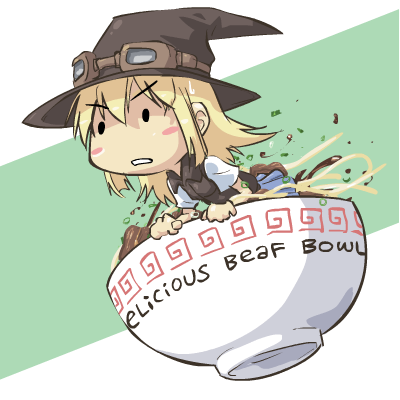 1girl beefbowl borrowed_character bowl chibi cup engrish food goggles hat in_container in_cup john_su lowres minigirl noodles original ranguage snickurs solo typo