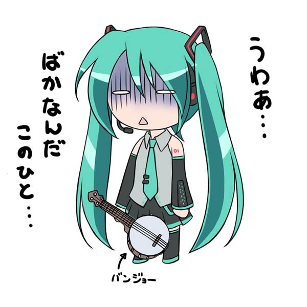 banjo chibi green_hair hatsune_miku instrument kikuchi_tsutomu long_hair twintails vocaloid