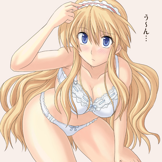 1girl alice_margatroid alternate_costume alternate_hairstyle bent_over blonde_hair blue_eyes blush bow bra breasts cleavage collarbone curvy embarrassed female hairband hand_on_thigh lace lace-trimmed_bra large_breasts lingerie long_hair older panties pink_background simple_background solo takaku_toshihiko thighs touhou underwear underwear_only very_long_hair white_panties wide_hips