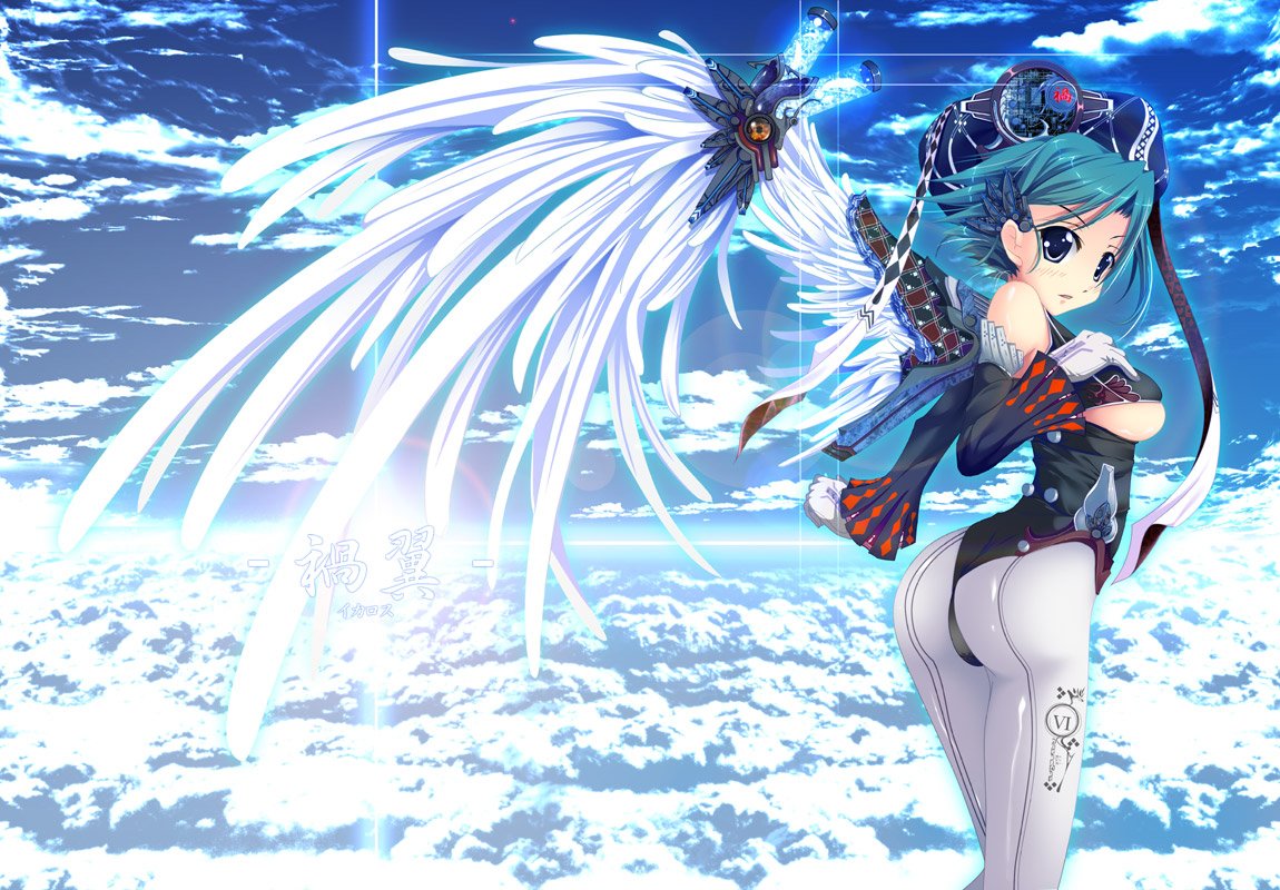 1girl aqua_hair ass bad_id breasts detached_sleeves ear_ornament feathered_wings from_side gloves green_hair hand_on_own_chest kirise_mitsuru leggings lens_flare looking_at_viewer mechanical_wings original parted_lips short_hair sky solo under_boob white_gloves wings