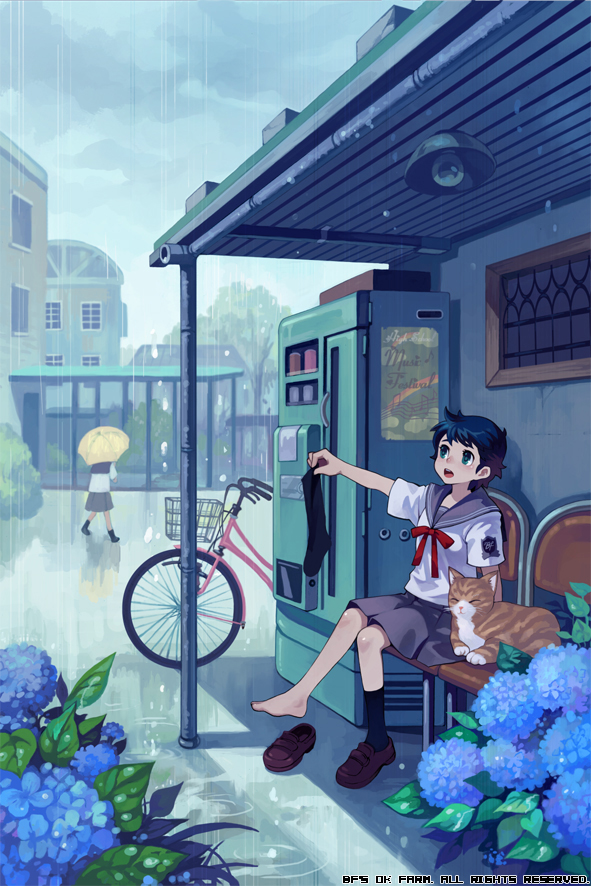 2girls badge barefoot bf._(sogogiching) bicycle blouse blue_eyes blue_hair building cat chair clouds cloudy_sky flower footwear from_side grey_skirt hydrangea light looking_afar looking_up multiple_girls open_mouth original outdoors plant pleated_skirt rain ripples school_uniform serafuku shade shoes_removed short_hair short_sleeves single_shoe single_sock sitting skirt sky socks socks_removed umbrella vending_machine watermark white_blouse