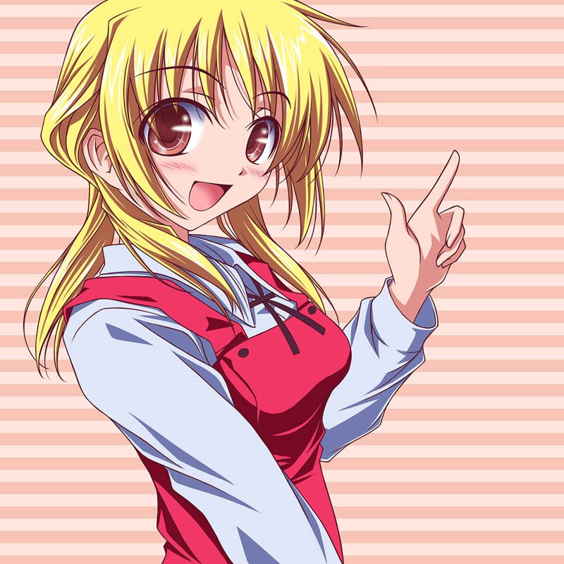 1girl blonde_hair blush brown_eyes hidamari_sketch kikuchi_tsutomu miyako pointing school_uniform serafuku solo striped