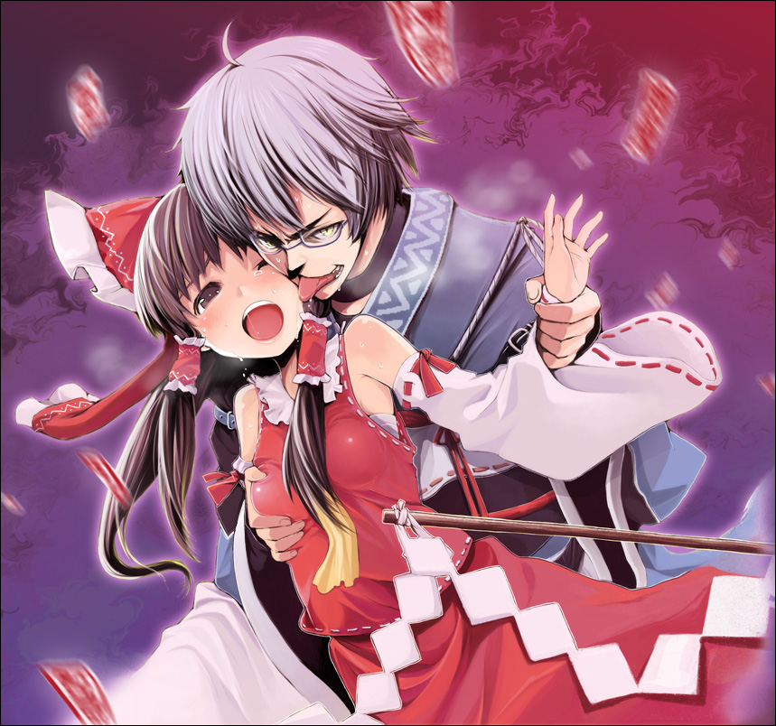 1boy 1girl black_hair breast_grab breasts buriki couple curiosities_of_lotus_asia gohei grabbing hakurei_reimu hetero japanese_clothes licking morichika_rinnosuke rape_face tears tongue touhou white_hair wince wink wrist_grab