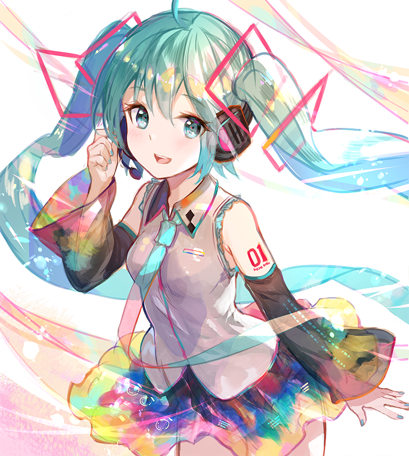 1girl aqua_eyes aqua_hair aqua_nails aqua_neckwear bare_shoulders black_skirt black_sleeves colorful commentary cowboy_shot detached_sleeves fuji_choko grey_shirt hair_ornament hatsune_miku headphones headset leaning_forward light_blush long_hair looking_at_viewer nail_polish necktie open_mouth pleated_skirt rainbow shirt shoulder_tattoo skirt sleeveless sleeveless_shirt smile solo tattoo twintails very_long_hair vocaloid white_background