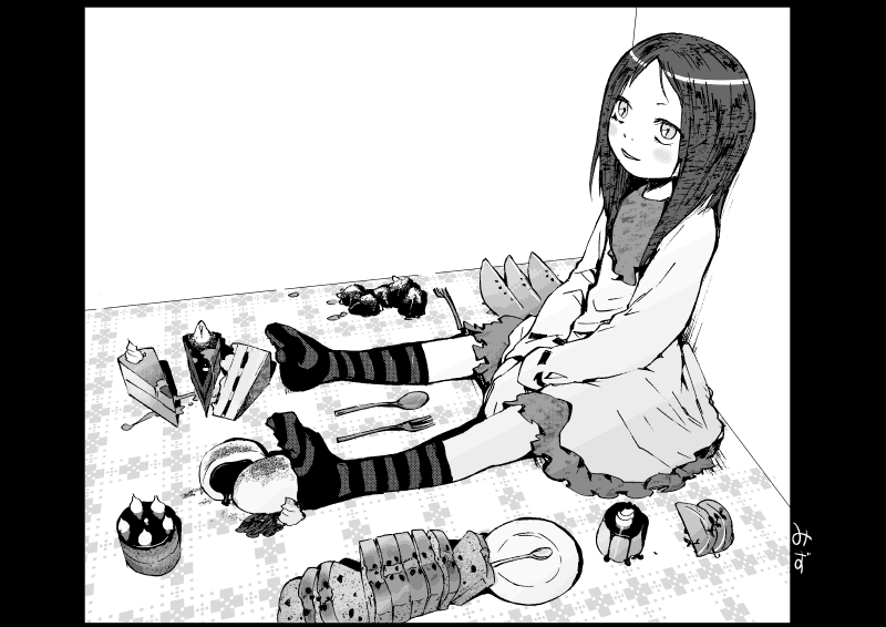 cake feet food footwear mizu_asato monochrome pastry sitting socks striped striped_legwear sweets