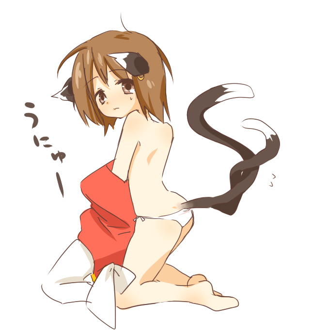 1girl animal_ears ass bad_id brown_eyes brown_hair cat_ears cat_tail chen earrings female jewelry multiple_tails n_(2110_img07) nervous panties short_hair solo sweatdrop tail topless touhou underwear undressing
