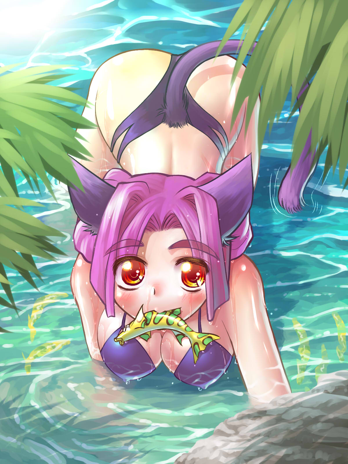 1girl animal_ears bad_id bikini blush breasts cat_ears cat_tail erect_nipples fish highres large_breasts mouth_hold original purple_hair r-ex red_eyes short_hair solo swimsuit tail water wet