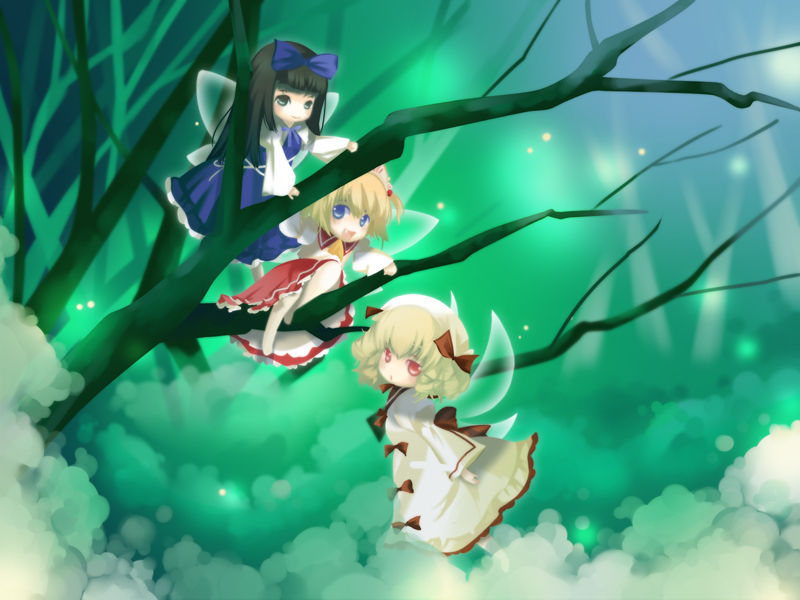 3girls blonde_hair dress fairy fairy_wings female flying full_body glowing hat in_tree long_hair long_sleeves looking_at_viewer luna_child multiple_girls nature perfect_memento_in_strict_sense plant purple_hair red_eyes short_hair smoke star_sapphire sunny_milk tate_eboshi touhou tree very_long_hair wallpaper white_dress wings yuge_sasatarou