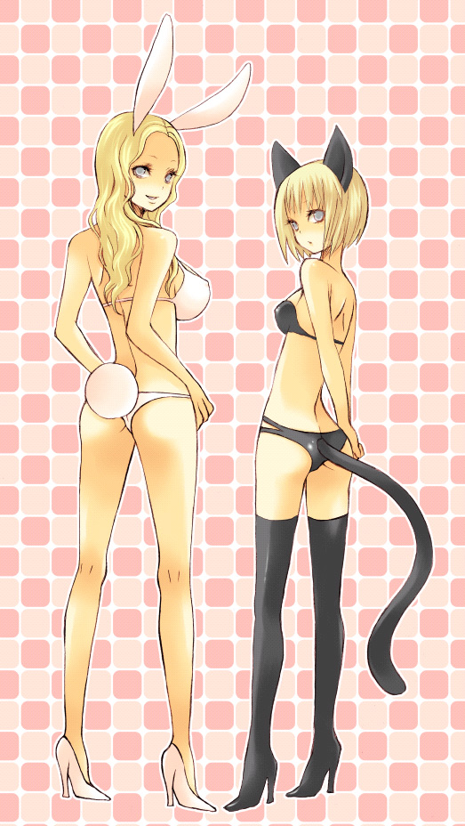 animal_ears bad_id bare_shoulders bikini bikini_top blonde_hair boots breasts bunny_tail cat_ears cat_tail checkered checkered_background clare_(claymore) claymore grey_eyes high_heel_boots high_heels large_breasts long_hair pocopoco rabbit_ears shoes short_hair standing stiletto_heels swimsuit tail teresa thigh-highs thigh_boots