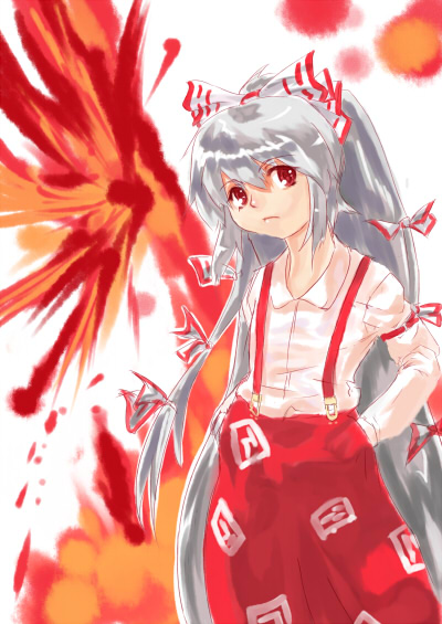 1girl collarbone female fire flame fujiwara_no_mokou hands_in_pockets head_tilt long_hair long_sleeves looking_at_viewer pants ryuusuitei sakana_(ryuusui-tei) silver_hair simple_background solo standing suspenders touhou very_long_hair white_background