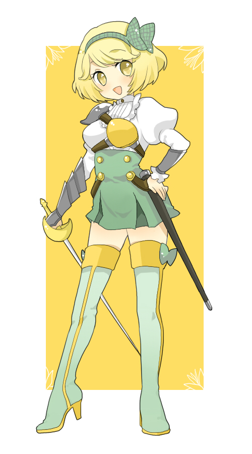 1girl armor beniko blonde_hair boots breasts green_boots hair_ribbon original rapier ribbon solo sword thigh-highs thigh_boots weapon yellow_eyes