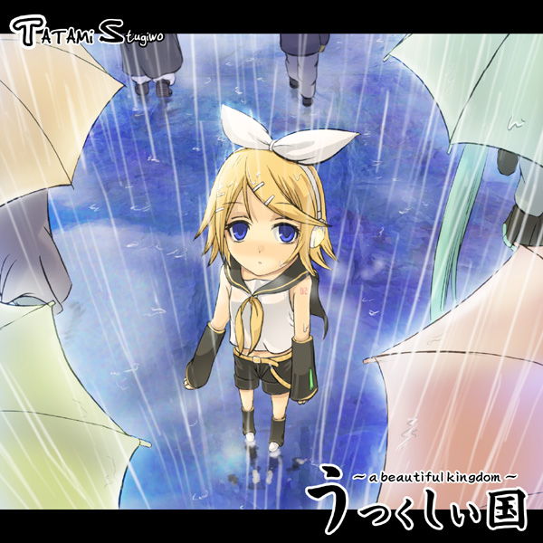 1girl arm_warmers belt blonde_hair blue_eyes blush bow from_above hair_ornament hairclip hatsune_miku headphones kagamine_rin leg_warmers legs_apart letterboxed looking_at_viewer mitsuki_yuuya number out_of_frame outdoors puddle rain reflection ribbon short_hair shorts solo_focus standing tagme text vocaloid wet wet_hair white_bow