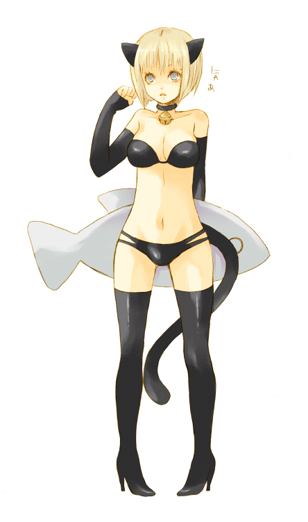 1girl animal_ears bad_id bare_shoulders bell bell_collar bikini bikini_top blonde_hair boots breasts cat_ears cat_tail clare_(claymore) claymore cleavage collar detached_sleeves elbow_gloves fish gloves grey_eyes high_heel_boots high_heels latex midriff pocopoco shoes short_hair solo standing swimsuit tail thigh-highs thigh_boots