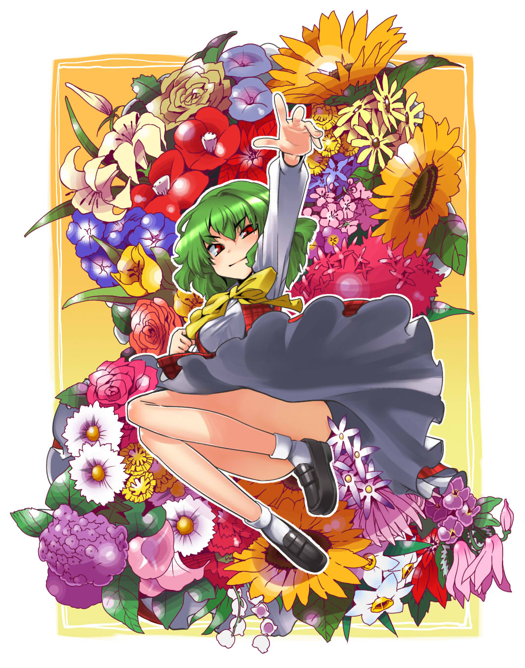 &gt;:) 1girl arm_up bellflower bow camellia_(flower) carnation cherry_blossoms daffodil daisy dandelion female floral_background flower gengorou green_hair highres hydrangea kazami_yuuka leaf lily_(flower) lily_of_the_valley looking_at_viewer morning_glory outline plaid plaid_skirt plaid_vest plant red_eyes rose skirt skirt_set smile solo sunflower touhou tulip upskirt vest youkai