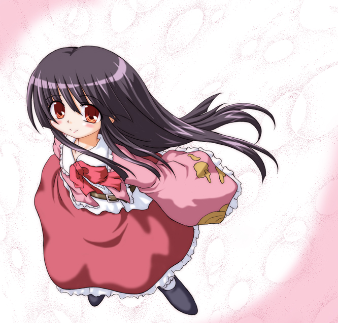 1girl black_hair bow bowtie dress female floating_hair from_above houraisan_kaguya inasaki_shirau long_sleeves looking_at_viewer looking_up red_bow red_bowtie red_dress red_eyes solo standing touhou