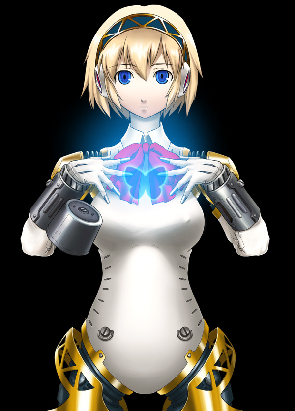 1girl aegis aegis_(persona) android atlus blonde_hair blue_eyes butterfly glowing ouma_tokiichi persona persona_3 ribbon robot robot_joints short_hair simple_background solo